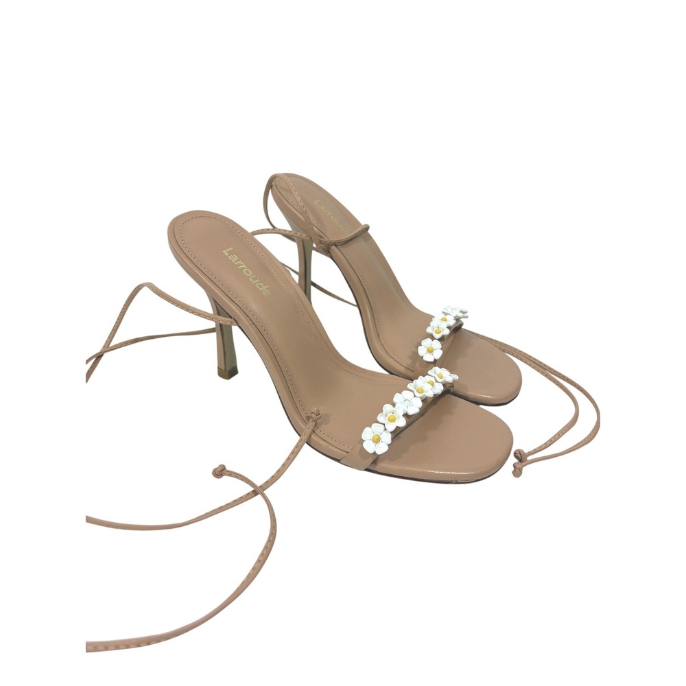 Larroude Tan Leather Daisy Floral Lace Up Strappy Stiletto Heel Sandals 6